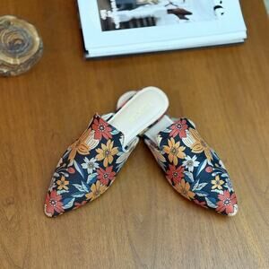 TILOCOW Women's Floral Pointed Toe Mules Backless Slip-On Comfy Flat Shoes Sz 8
